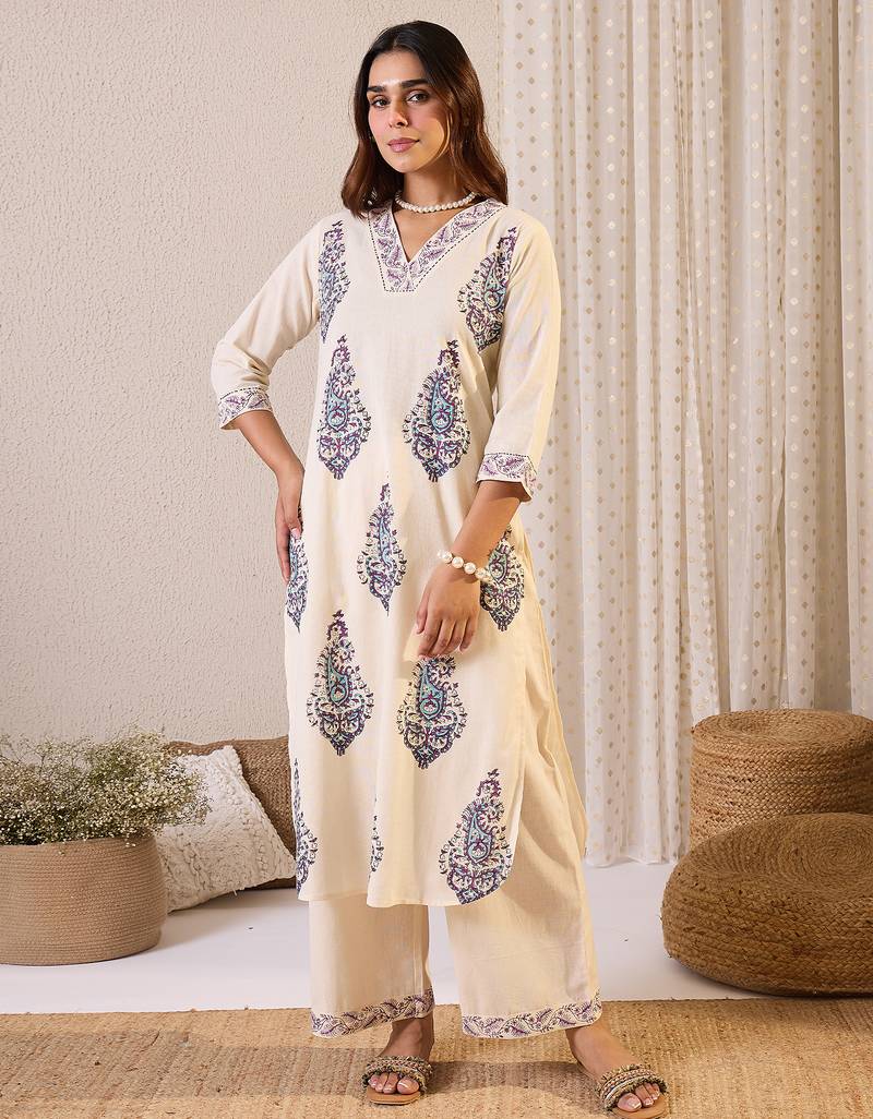 White printed cotton kurta trouser set