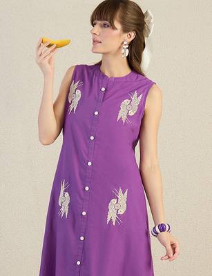 Purple printed cotton kurta trouser set 1