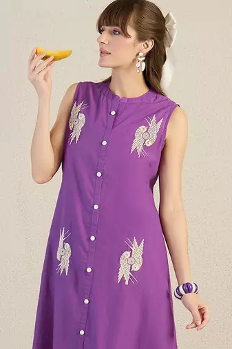 Purple printed cotton kurta trouser set