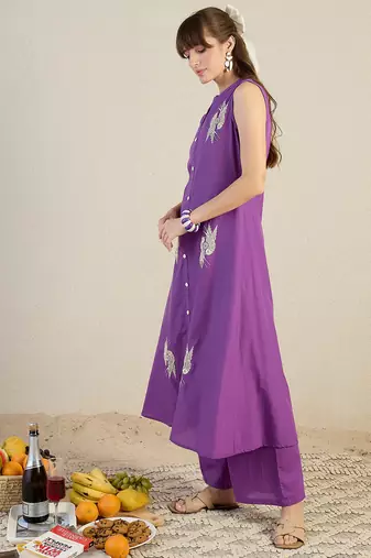 Purple printed cotton kurta trouser set