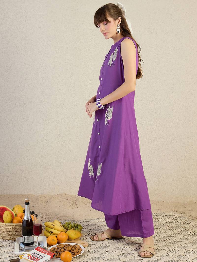 Purple printed cotton kurta trouser set