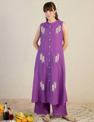 Purple printed cotton kurta trouser set 4