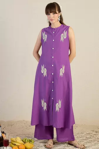Purple printed cotton kurta trouser set