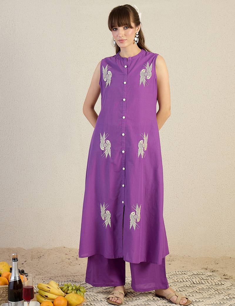 Purple printed cotton kurta trouser set