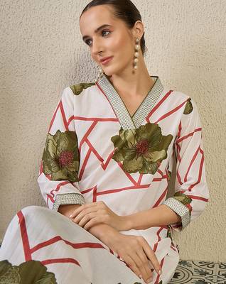 White printed cotton kurta trouser set 1