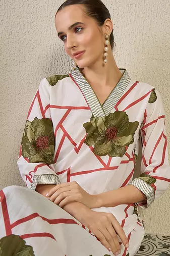 White printed cotton kurta trouser set