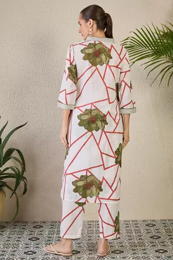 White printed cotton kurta trouser set