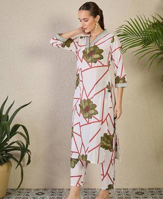 White printed cotton kurta trouser set 3