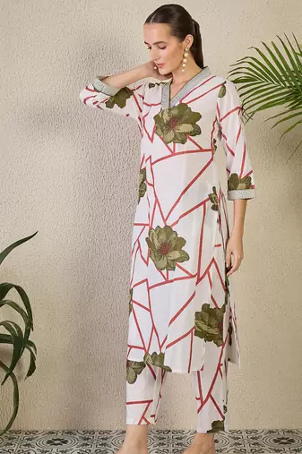 White printed cotton kurta trouser set