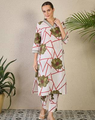 White printed cotton kurta trouser set 4