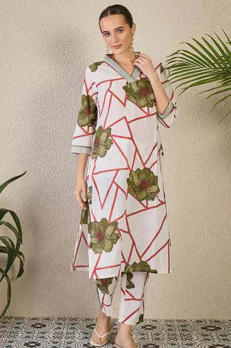 White printed cotton kurta trouser set