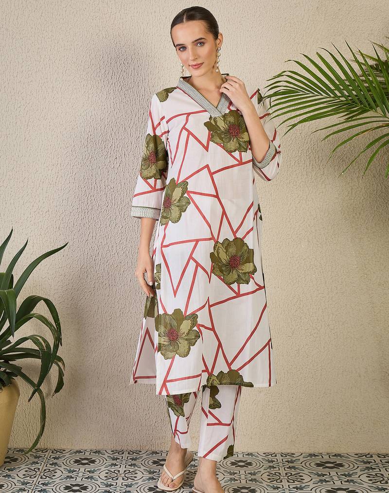 White printed cotton kurta trouser set