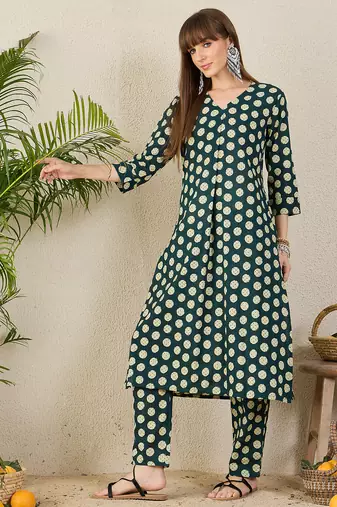 Blue printed cotton kurta trouser set
