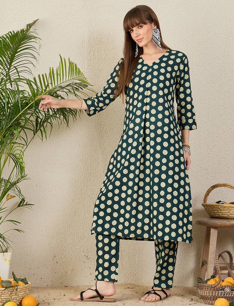 Blue printed cotton kurta trouser set