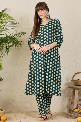 Blue printed cotton kurta trouser set