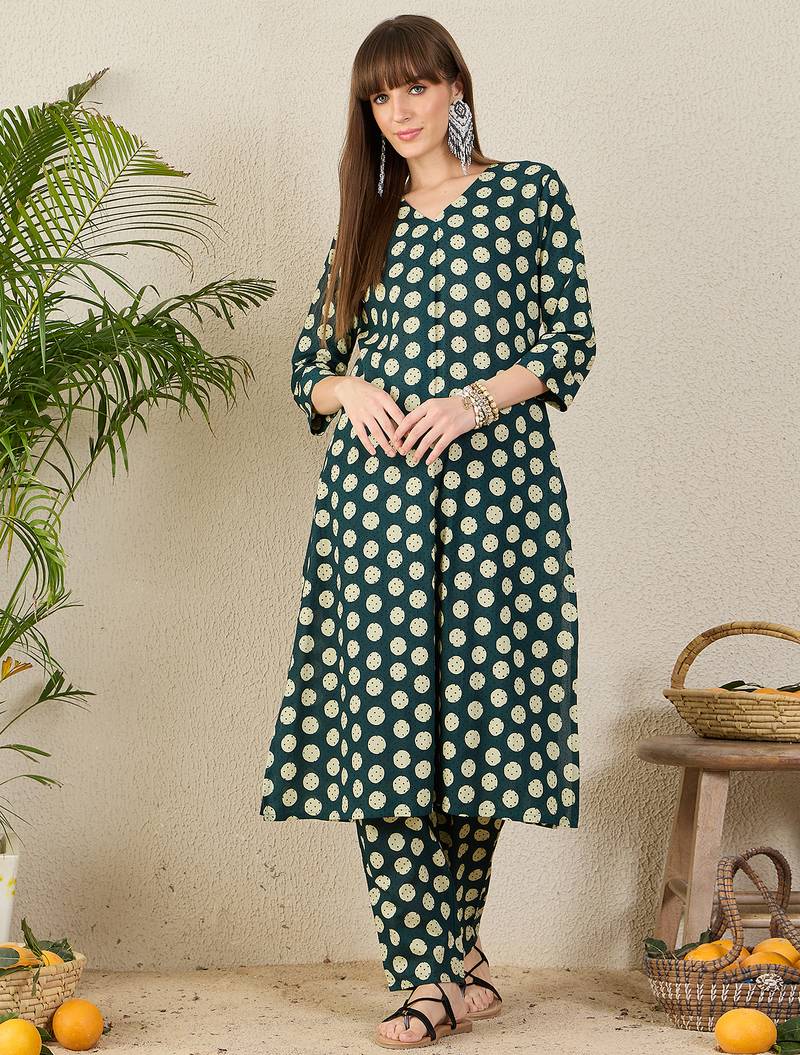 Blue printed cotton kurta trouser set