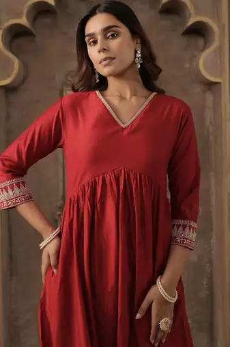 Red printed liva kurta trouser set