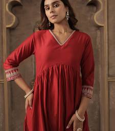 Red printed liva kurta trouser set