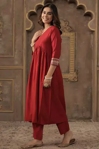 Red printed liva kurta trouser set