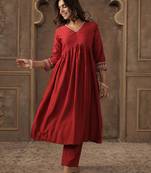 Red printed liva kurta trouser set