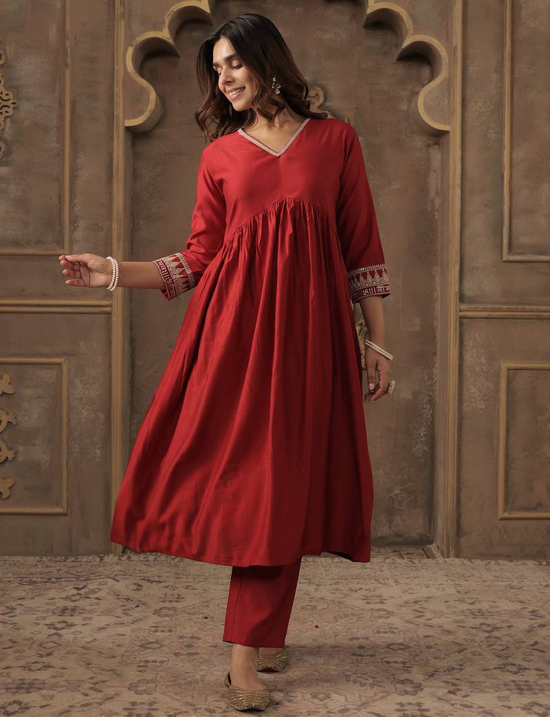 Red printed liva kurta trouser set