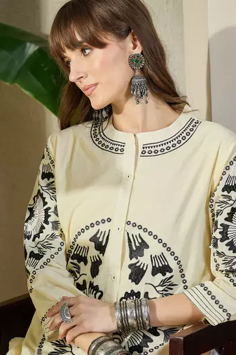 Off white printed cotton kurta trouser set