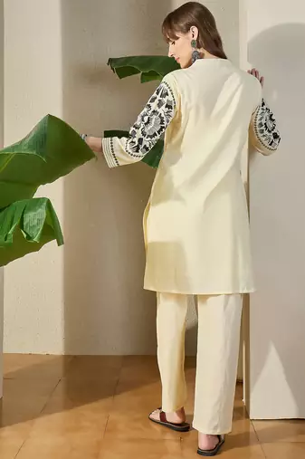 Off white printed cotton kurta trouser set