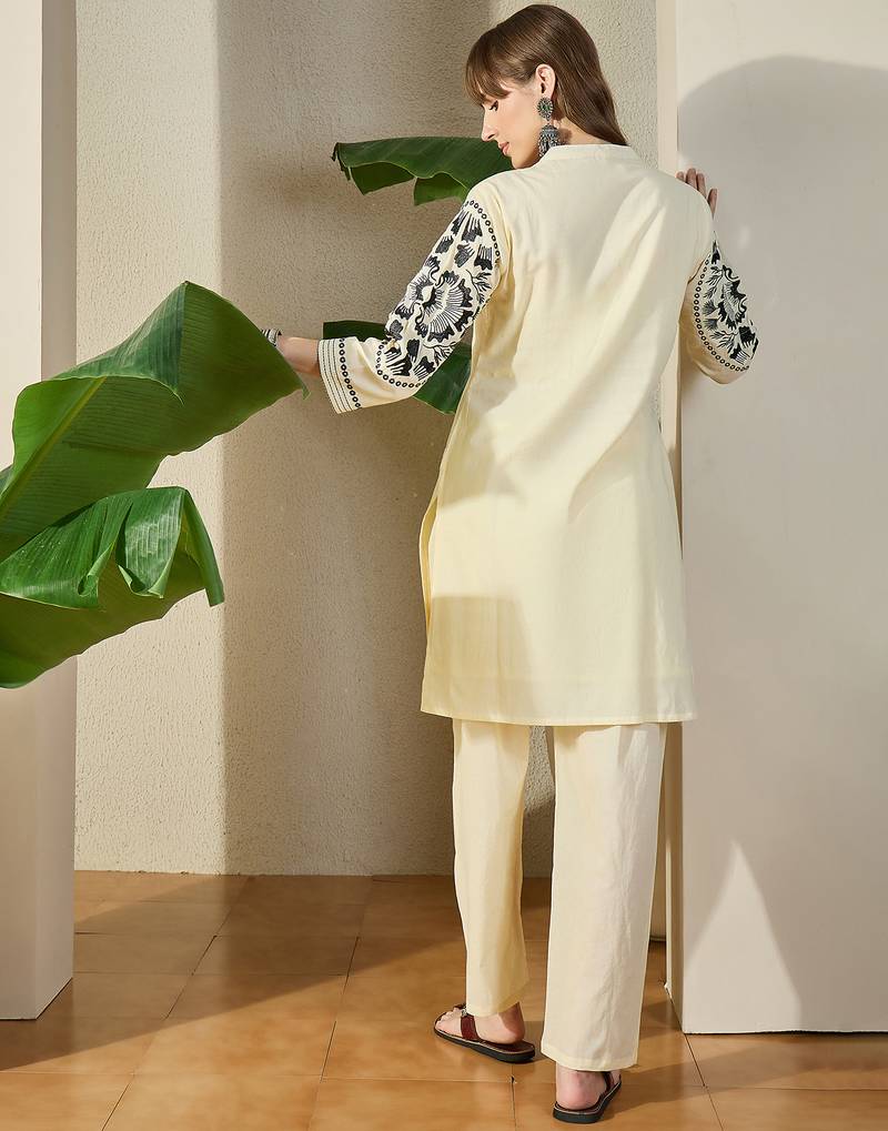 Off white printed cotton kurta trouser set