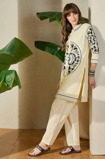 Off white printed cotton kurta trouser set