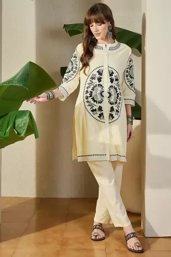 Off white printed cotton kurta trouser set