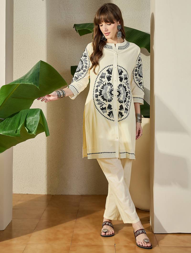 Off white printed cotton kurta trouser set