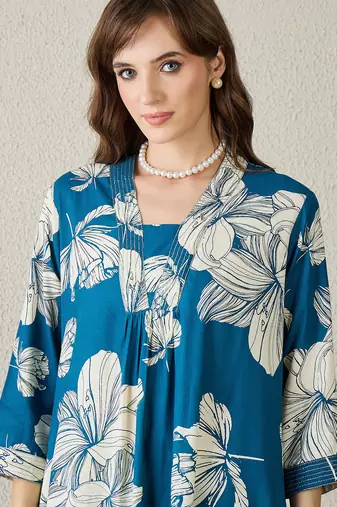 Blue printed viscose rayon kurta trouser set