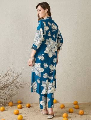 Blue printed viscose rayon kurta trouser set 2