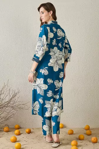 Blue printed viscose rayon kurta trouser set