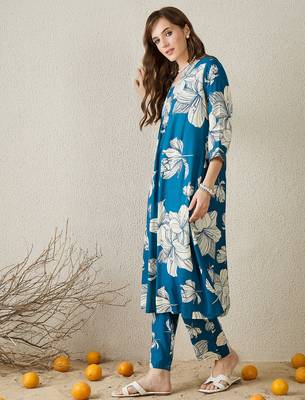 Blue printed viscose rayon kurta trouser set 3