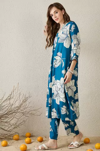 Blue printed viscose rayon kurta trouser set