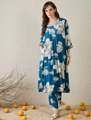 Blue printed viscose rayon kurta trouser set 4