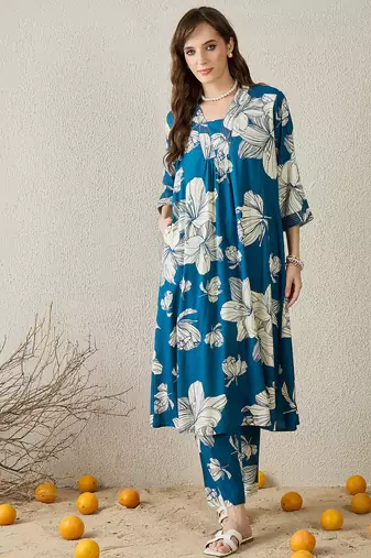 Blue printed viscose rayon kurta trouser set