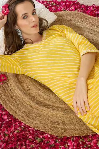 Yellow printed cotton kurta trouser set