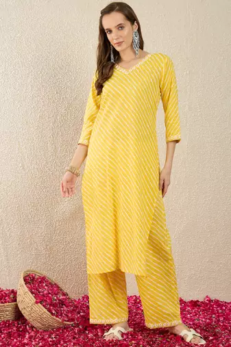 Yellow printed cotton kurta trouser set