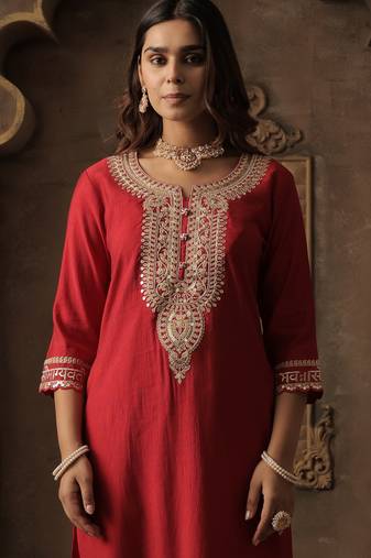 Red embroidered liva kurta trouser set