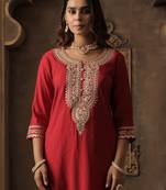 Red embroidered liva kurta trouser set
