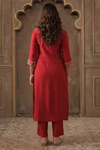 Red embroidered liva kurta trouser set