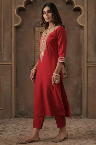Red embroidered liva kurta trouser set