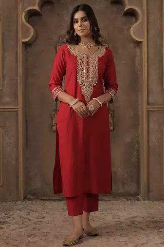 Red embroidered liva kurta trouser set
