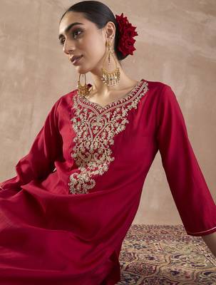 Red embroidered silk kurta trouser set 2