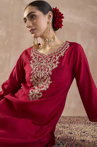 Red embroidered silk kurta trouser set