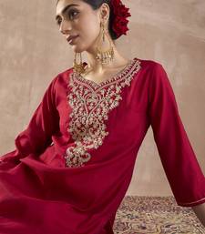 Red embroidered silk kurta trouser set