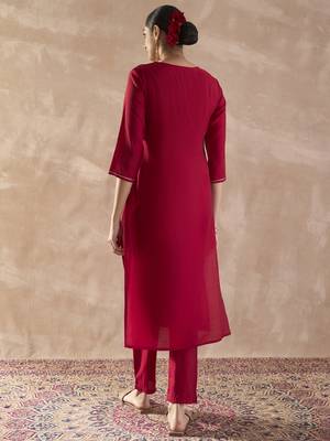 Red embroidered silk kurta trouser set 3