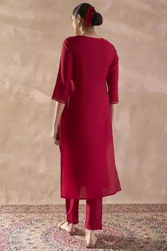 Red embroidered silk kurta trouser set